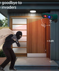 Solar Indoor Outdoor Motion Sensor Alarm With 129dB Siren Ultrasonic Security Alarm Four Modes Red And Blue Strobe Light Weatherproof Yard Garden Farm Guard No Fuss Setup 2 Pack on house wall, showing 125° coverage and 9.8 ft range