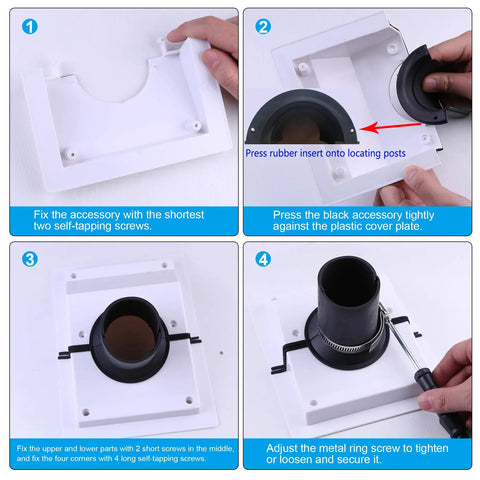 Slick White Wall Penetration Cover Kit For Ac Line Sets With Split Design, assembly steps showing installation process.