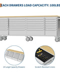 96 Inch Rolling Tool Chest With 24 Drawers, Garage Workbench And Mobile Cabinet With Locking Wheels, Solid Rubber Wood Top