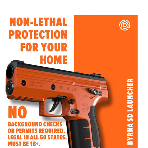 Top Shelf Non Lethal Kinetic Launcher Setup For Real Talk Home Defense And Street Smart Personal Protection With Sticky Honeycomb Grip Fast Aim Optics Orange Design Proudly Made In Usa, orange launcher with trigger, safety features.