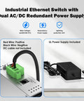 Industrial Ethernet switch with dual AC/DC redundant power supply, showing wiring and UL power unit, ideal for rugged applications.
