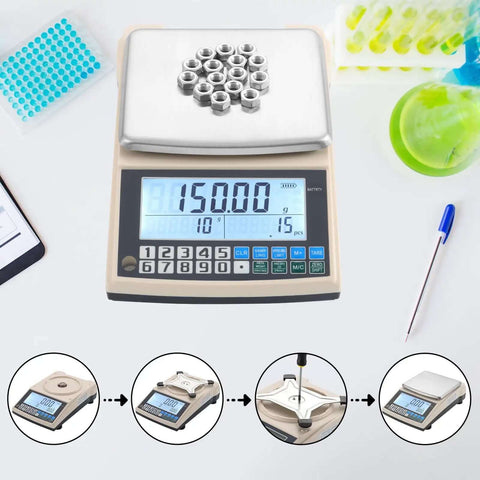 Pro Grade 0.01g Lab Scale With 5000g Capacity, Gram Counting Balance, RS232 Port, Calibration Weight, Battery Included displayed on a table.