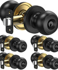 Matte Black Round Door Knob Set With Deadbolt For Indoor Doors, 5 Pack, Keyed Entry And Keyed Alike, ball style handles