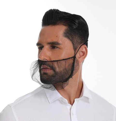 Man wearing Disposable Honeycomb Beard Nets 200 Pack Breathable Food Service Beard Covers 18 Inch Elastic Hair Containment black net