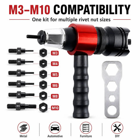 Pro Grade Electric Rivet Gun Adapter Kit For Drills M3 To M10 Quick Change Blind Riveter Inserts Rivet Nut Tools with sizes shown