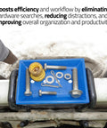 Blue Hard Hat Lineman Bucket Tray With Slick Patented Ramp And Magnetic Holder For Bucket Truck Lip Mount with various hardware pieces.