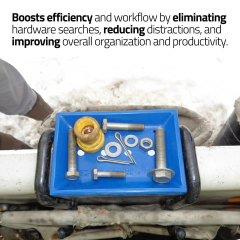 Blue Hard Hat Lineman Bucket Tray With Slick Patented Ramp And Magnetic Holder For Bucket Truck Lip Mount with various hardware pieces.