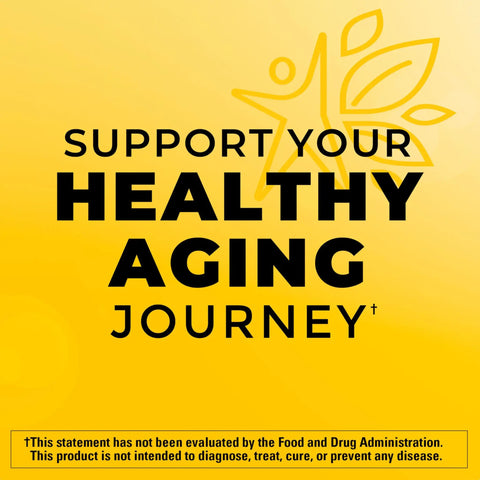 Support Your Healthy Aging Journey graphic on yellow background with star and leaves illustration.