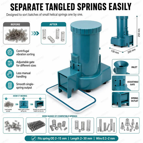 Automatic Spring Separator For Small Coil Springs 2 To 15mm Diameter Stainless Steel Tray With Safety Guards Jam Resistant Design Quick Fuse Install Centrifugal Vibration Sorting For High Volume Tangled Spring Solution in diagram with features highlighted
