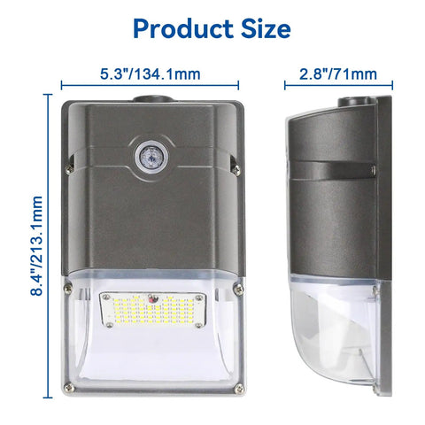 4 Pack Dusk To Dawn Outdoor LED Wall Pack Lights With Photocell Sensor dimensions showing 5.3 by 8.4 inches front and side view
