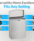 Go To Stainless Steel Sanitary Napkin Disposal Wall Mount Receptacle With Flip Top Lid for public restrooms showcased in various settings.