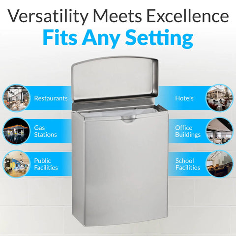 Go To Stainless Steel Sanitary Napkin Disposal Wall Mount Receptacle With Flip Top Lid for public restrooms showcased in various settings.
