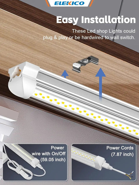 Installed Four Pack Two Foot LED Shop Lights 6000K Bright White 40W 5600 Lumens Linkable Ceiling Light Fixtures With On Off Switch