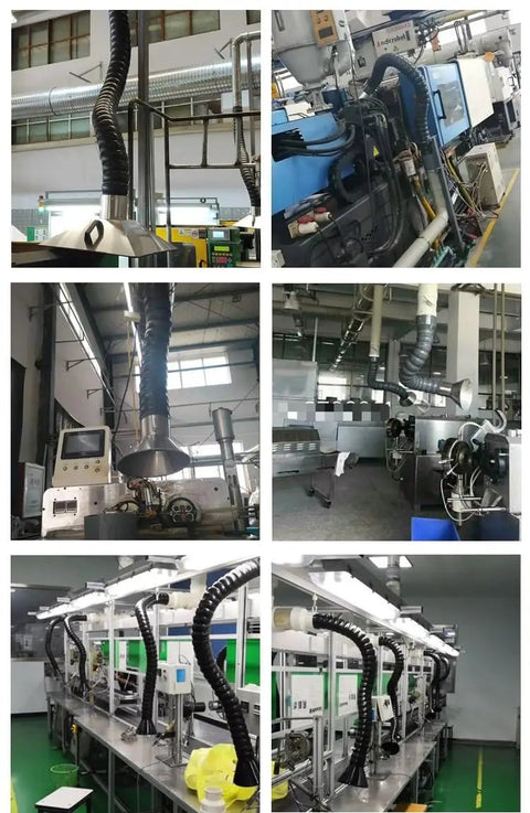 Heavy Duty Stainless Steel Fume Hood With Flexible 2 To 8 Inch Welding Extractor Hose And 1.5 Meter Duct System in a workshop setting.