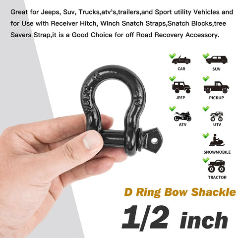 1/2 Inch D Ring Shackle With 9/16 Inch Screw Pin, Heavy Duty Tow And Recovery Shackle For Off Road Adventures, UTV ATV And Trailer Gear, No Gap Design, Won't Slip At Speed, Up To 4,000 Lbs. black steel D ring bow shackle in hand, 1/2 inch