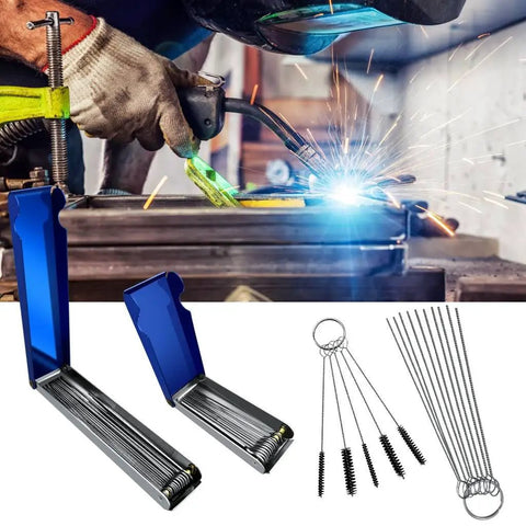 All-In-One Carburetor And Welding Nozzle Cleaner Kit With 26 Cleaning Wires, 5 Nylon Tube Brushes, 10 Stainless Steel Needles shown.