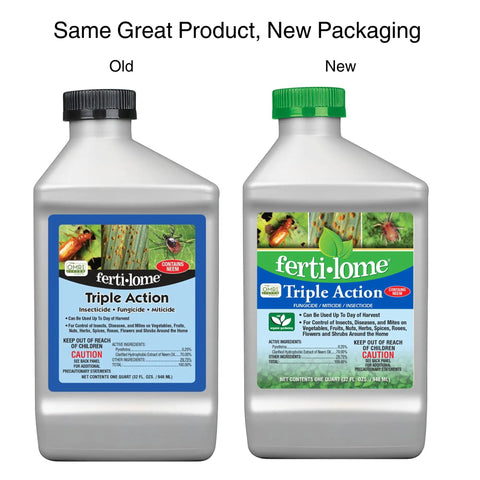 Old and new packaging of Triple Action Plant Defense Spray 32 Oz All In One Insecticide Miticide Fungicide For Fruits Herbs Vegetables Roses