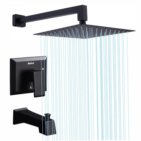 Dope Black Shower Faucet Set With Tub Spout And High Pressure Balance Valve Ultra Thin 10 Inch Stainless Steel 304 Shower Head