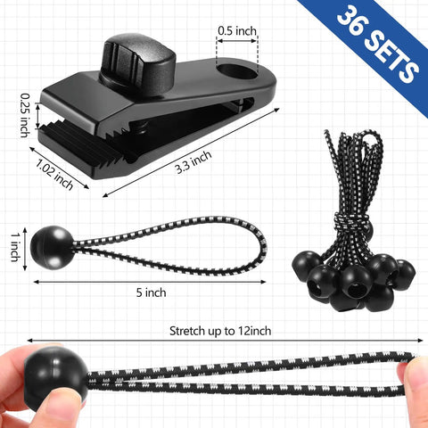 All In One Tarp Clip Set Built Tough With Heavy Duty Clips And Ball Bungee Cords 72 Piece Pack shown with dimensions for clips and cords.