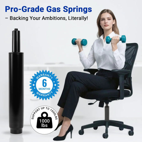 Front view of black office chair gas lift cylinder; 12.2–18.5 in range, 6.3 in stroke, 1000 lbs capacity.