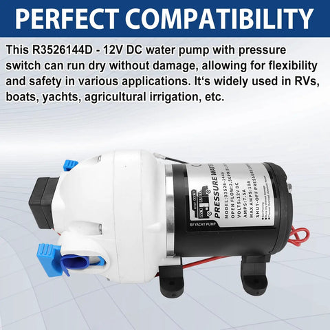 Side view of Upgraded RV Water Pump 3 GPM 12V DC 50 PSI Triplex Diaphragm Pump for RV Boat Yacht Marine Caravan with Strainer