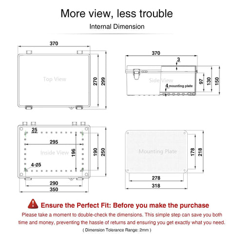 Technical drawing of Outdoor WiFi Enclosure IP67 Waterproof Junction Box 14.6 x 10.6 x 5.9 Inches Clear ABS Plastic Weatherproof
