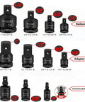 11 Piece Impact Socket Adapter And Reducer Set With Universal Joint Wobble Drive And Storage Case showing various drive sizes.