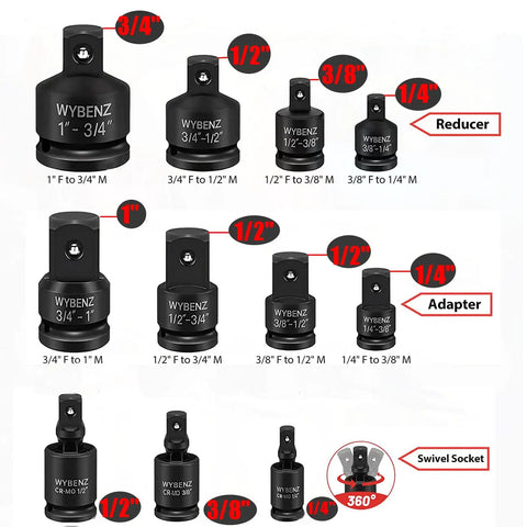 11 Piece Impact Socket Adapter And Reducer Set With Universal Joint Wobble Drive And Storage Case showing various drive sizes.