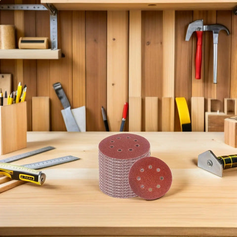 Top Tier 150 Piece Sanding Discs Pack With 8-Hole Design For Palm Sanders Featuring Hook Loop Backing on wood table