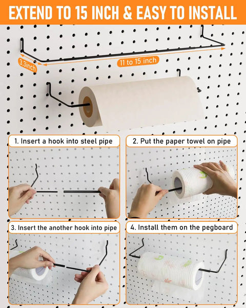Pegboard Organizer Kit With 238 Pieces Hooks Bins Baskets Paper Towel Holder For One Eighth And One Quarter Inch Pegboards Solid Garage Wall Storage And Tool Hanger Set shown with installation steps.