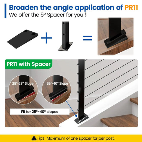Black Slope Cable Railing Post 36 Inch for 25 to 40 Degree Slopes, showing PR11 and 5 Degree Spacer installation for angles