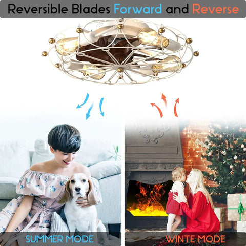 Low Profile Caged Ceiling Fan With Lights Remote Control Flush Mount Dope Modern Industrial Design, summer and winter modes