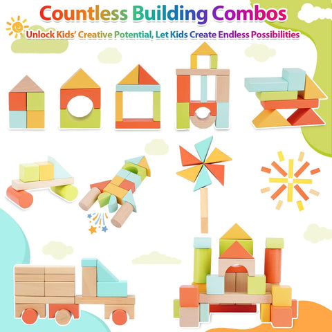 FCSONU wooden building blocks set for toddlers, 100 pieces, pastel colors with storage lid