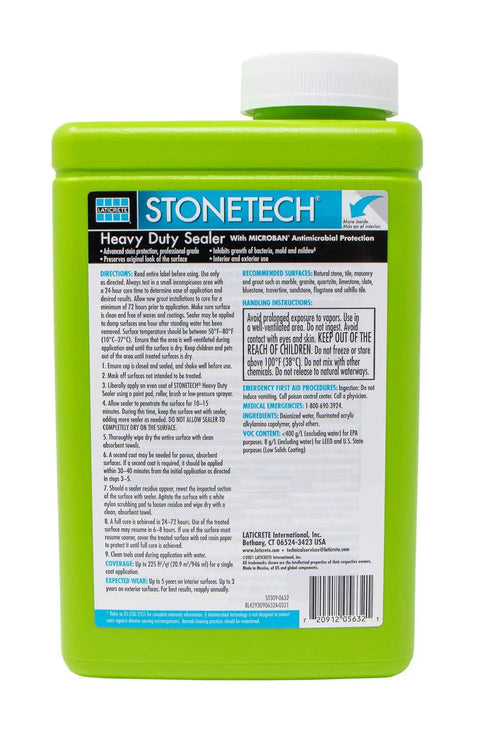 Back label of Heavy Duty Stone Sealer For Interior And Exterior Use, 1 Quart Water Based Sealer, showing usage instructions.