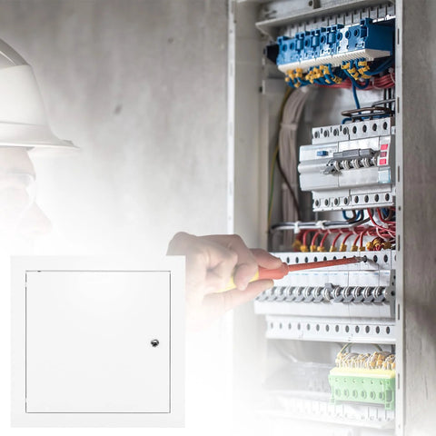 QWORK 10x10 flush aluminum access door, white powder-coated panel for drywall/ceiling electrical service (front view).