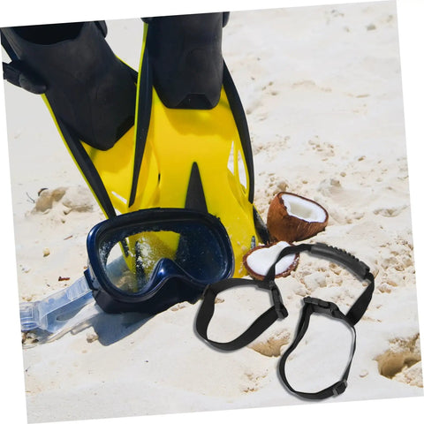 Yellow fins, diving mask, and Hands Free Scuba Tank Strap Elastic Cylinder Band For Oxygen Tanks Practical Diving Accessory on sand