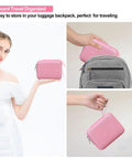 Carrying Case For Portable Handheld Inhaler Nebulizer Machine, Pink, shown held by a woman and stored in a gray backpack.