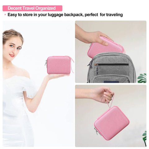 Carrying Case For Portable Handheld Inhaler Nebulizer Machine, Pink, shown held by a woman and stored in a gray backpack.