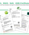 Top Shelf CR2032 3V Lithium Batteries 5 Pack Durable Coin Cell Power Cells certificates showing UL, REACH, RoHS compliance.