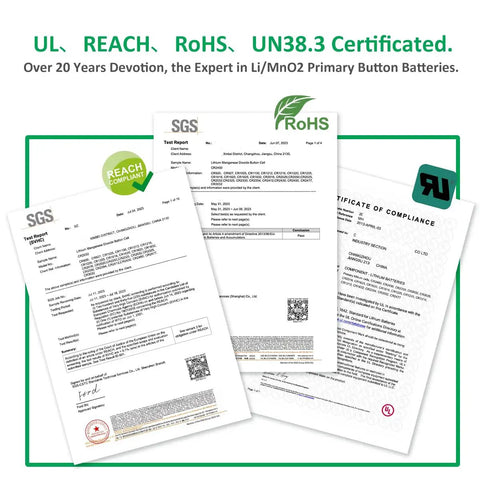 Top Shelf CR2032 3V Lithium Batteries 5 Pack Durable Coin Cell Power Cells certificates showing UL, REACH, RoHS compliance.