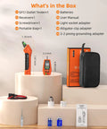 Components of All In One Circuit Breaker Finder And Outlet Tester Kit With GFCI Tester And Carrying Case displayed on pedestal