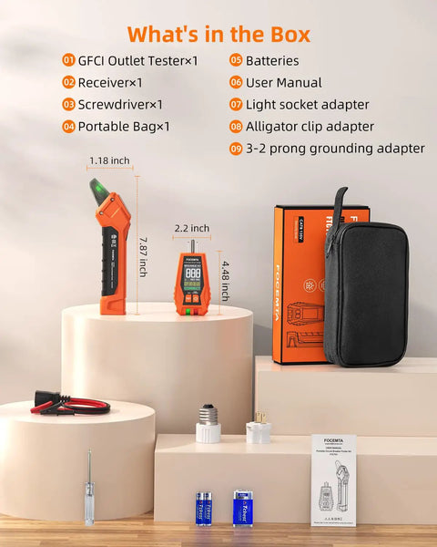 Components of All In One Circuit Breaker Finder And Outlet Tester Kit With GFCI Tester And Carrying Case displayed on pedestal