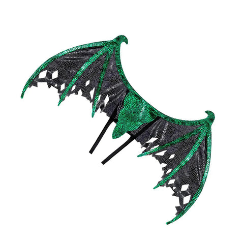 Green and black dragon wings cosplay prop with detailed patterns on a white background for stage performances and Halloween parties