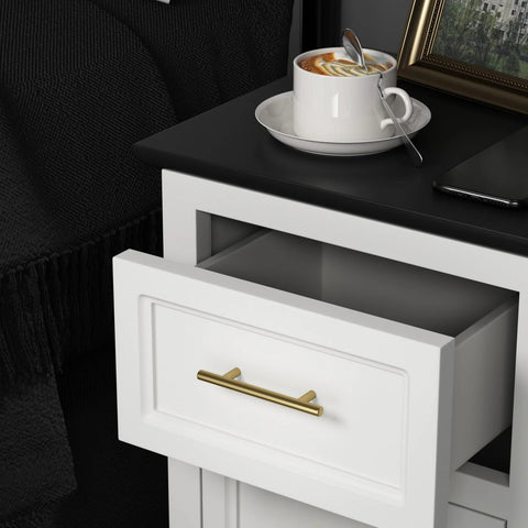Gold cabinet handle on white drawer, featuring 20 Pack Gold Stainless Steel Cabinet Handles, 5 Inch Length, 3 Inch Center-To-Center Holes