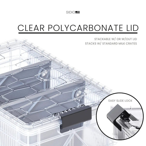 Pro Pack Heavy Duty Stackable Storage Bins Set With Lids And Dividers, showcasing clear polycarbonate lid and easy slide lock feature.