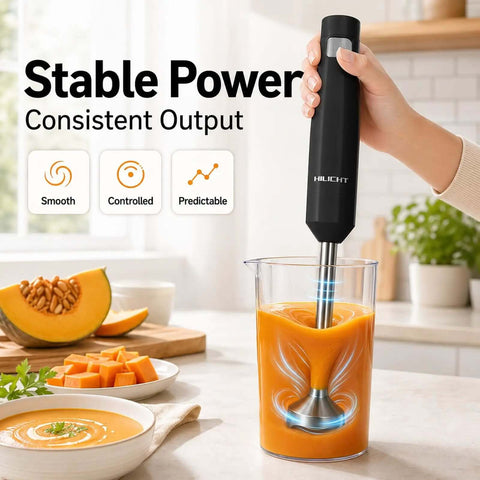 Game Changing Cordless Stick Blender With 12V Brushless Motor And Pressure Sensitive Variable Speed For No Sweat Kitchen Prep And Super Smooth Purees Easy Clean Black blending pumpkin soup in a clear container.