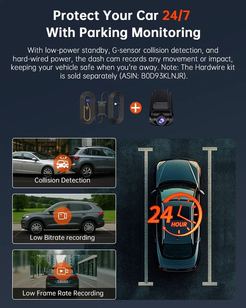 Dual 4K Front And Rear Dash Cam With 1080P Backup, Built In Wi Fi GPS, Parking monitoring features, car on road