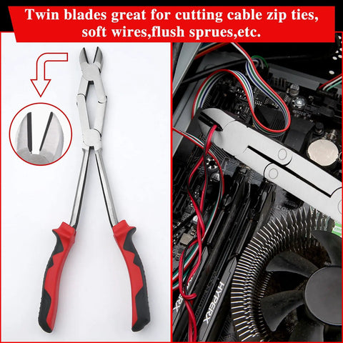 Extra Long Reach Wire Cutting Pliers With Double Joint Diagonal Cutters For Tight Spaces, 305mm high-carbon steel, red handles