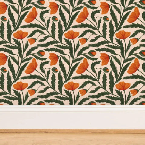 Botanical Chintz Vinyl Wallpaper Featuring Subtle Leather Texture Hella Durable Commercial Grade Wallcovering Custom Printed Just For You with orange flowers.