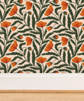 Top Shelf Botanical Chintz Matte Wallcovering With A Crisp Linen Texture Pvc Free Durable Coating Ideal For Any Home Hang Or Business Spot Like Kitchens Bathrooms Hallways Paste To Paper Install No Sweat floral design in orange and green.